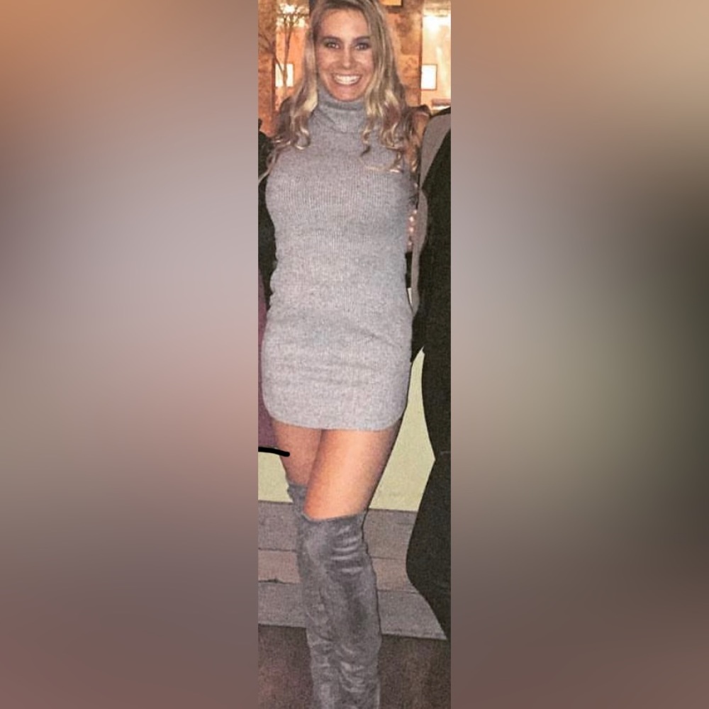 Grey Ribbed Turtleneck Dress with Open Back